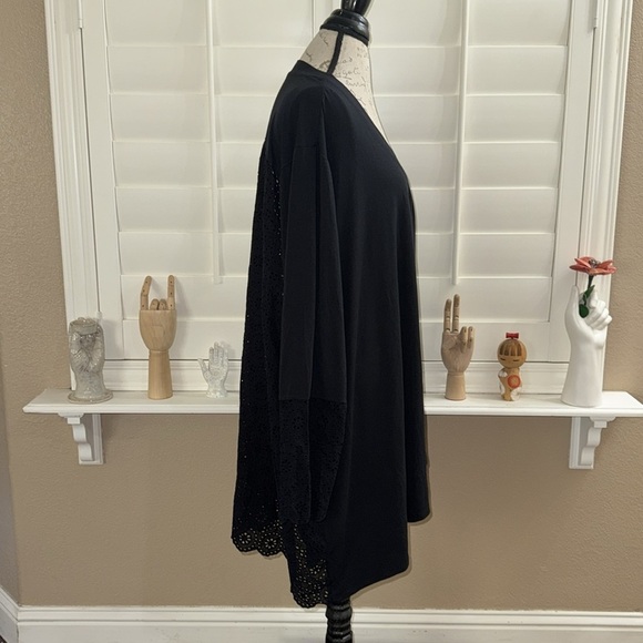 Logo By Lori Goldstein Eyelet Open Front Kimono Cardigan Black - Picture 3 of 11